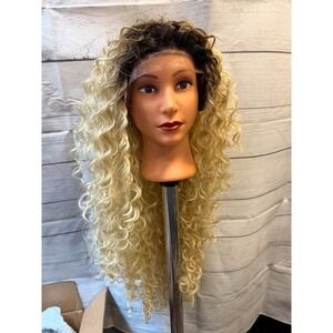 Blonde ombré curly long wig synthetic